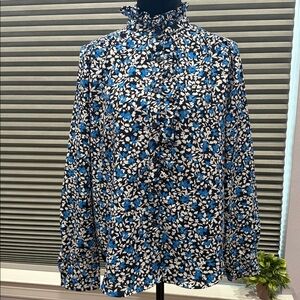 Ann Taylor Blue and Black Floral Button-Down Shirt